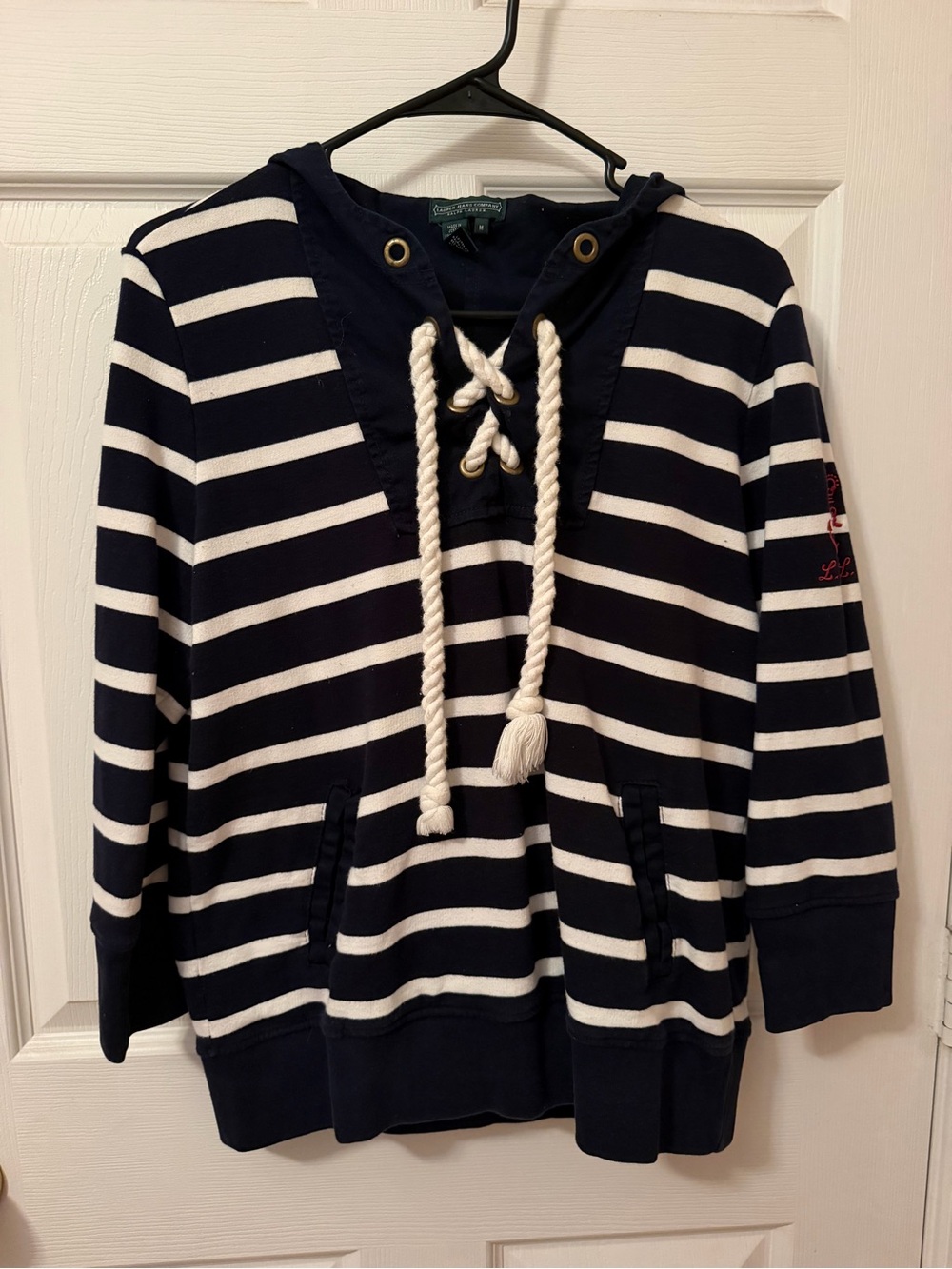 Lauren Ralph Lauren Navy and White Striped Hoodie with Rope Drawcord